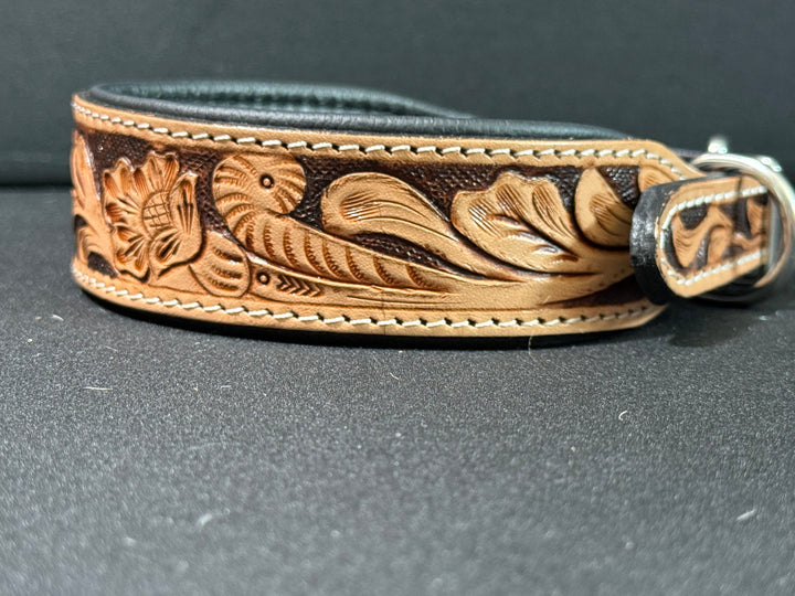 Magnolia Beau | (M/L) Natural Floral Leather Hand Tooled Dog Collar