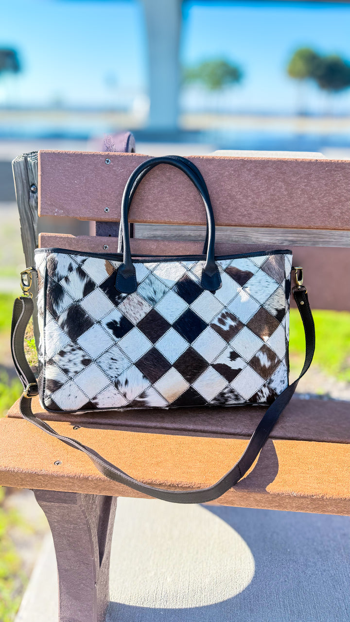 Check Her Out Tote | Genuine Cowhide Patchwork Leather Tote