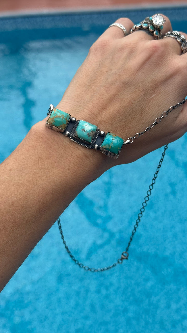 Navajo Handmade Triple Turquoise Bar Necklace | Sterling Silver | Alysa Martinez | 18” Southwestern Necklace