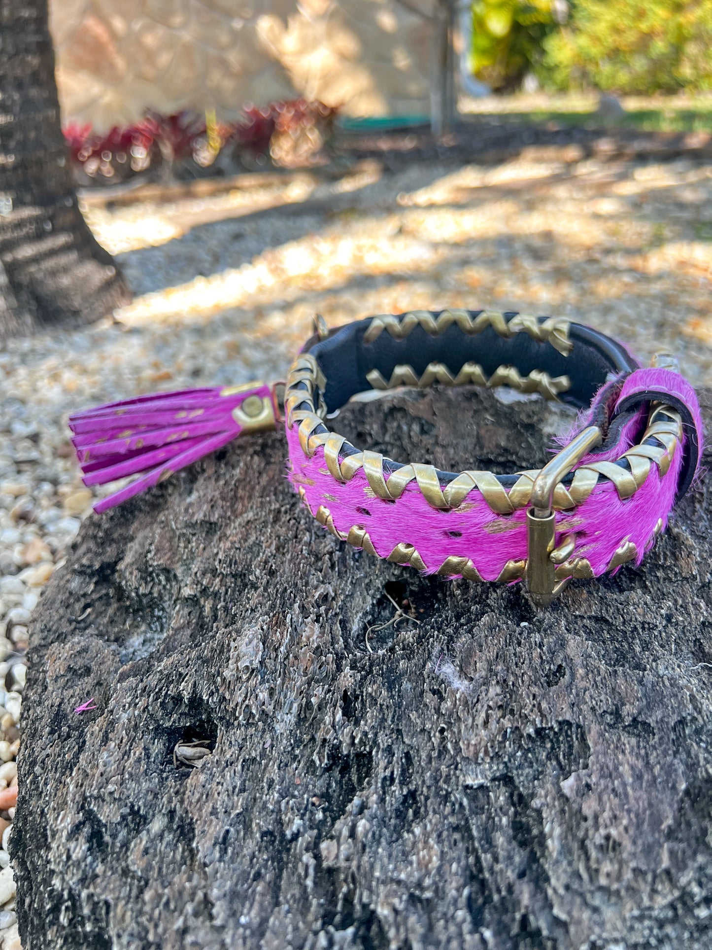 Hand Dyed Pink and Gold Cowhide Leather Dog Collar with Tassel (S/M)