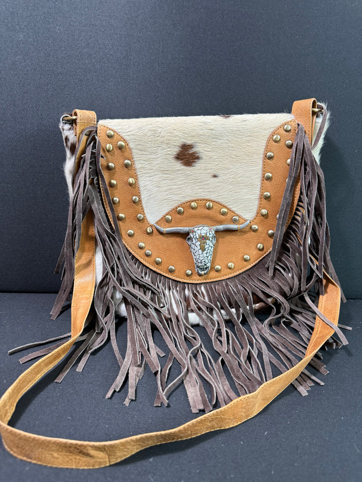 The Sundown Rider | Cowhide Fringe Crossbody with Bullhead Detail