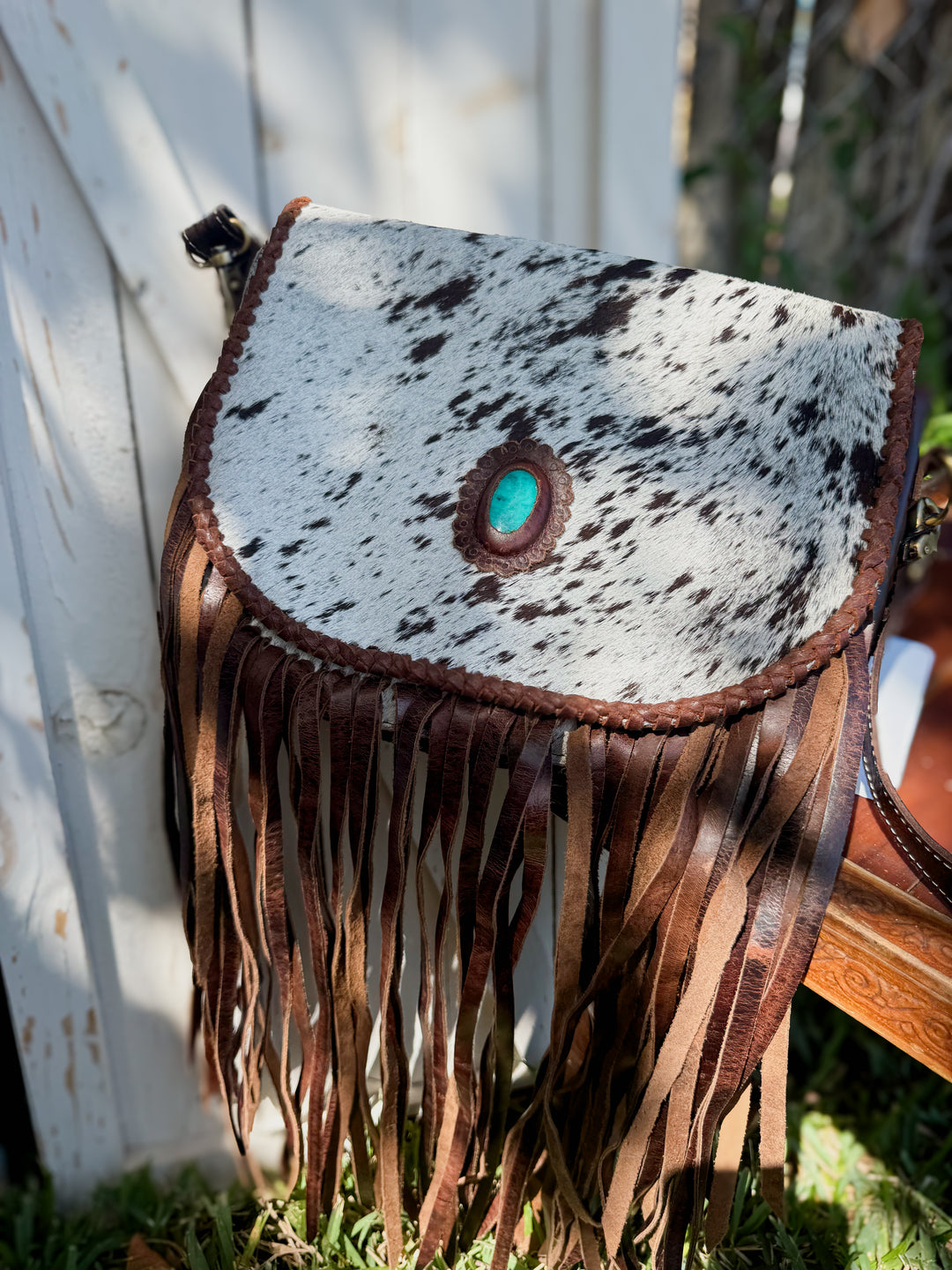     fringe cowhide crossbody bag western leather purse turquoise concho