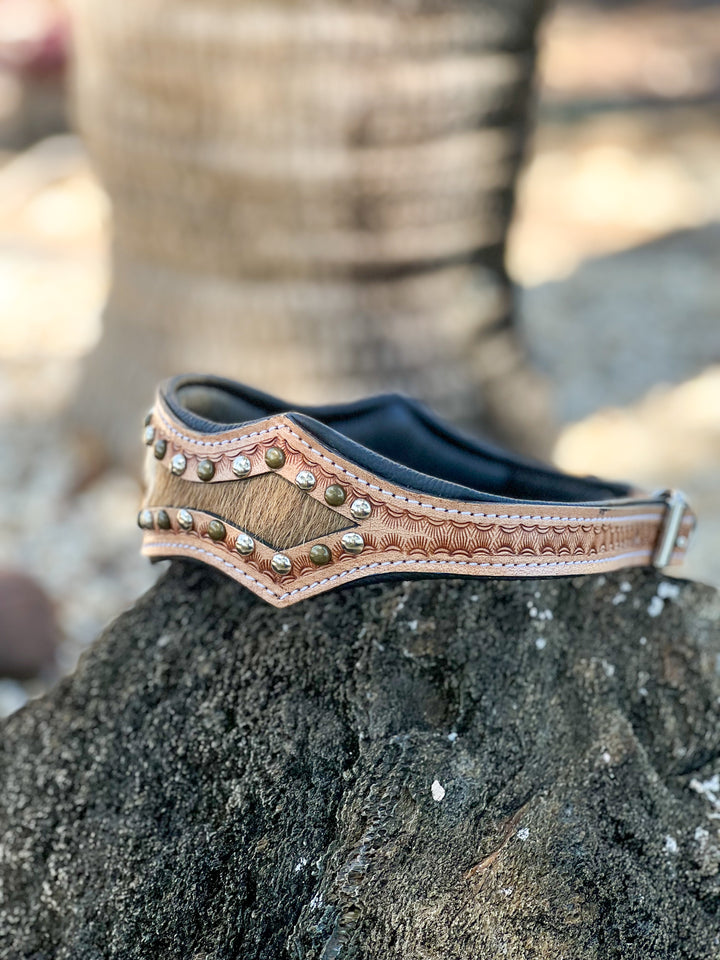 The Outlaw : (XL) cowhide tooled leather studded dog collar
