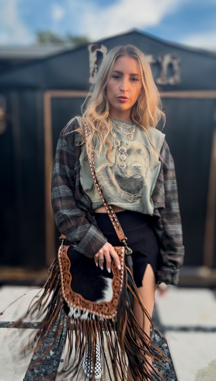 The Renegade | Cowhide Fringe Leather Crossbody Bag with Tooled Strap