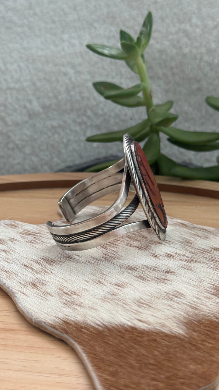Native American Sterling Silver Tooled Leather Rose Cuff Bracelet | Signed LD | Handmade Floral 6” Western Cuff