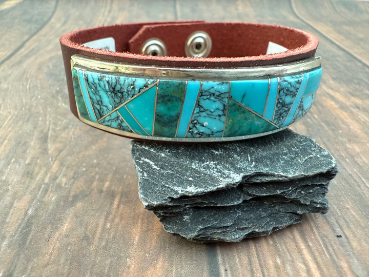 Navajo Turquoise Inlay Leather Cuff Bracelet – Handmade Sterling & Leather – Adjustable Snap Fit – Edison Yazzie