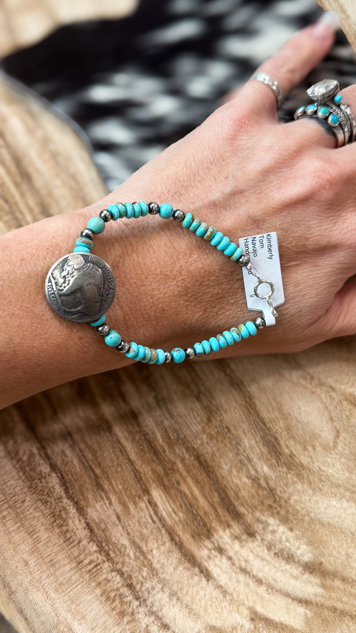Navajo No. 8 Turquoise Buffalo Nickel Bracelet by Kimberly Tom | Sterling Silver | Handmade