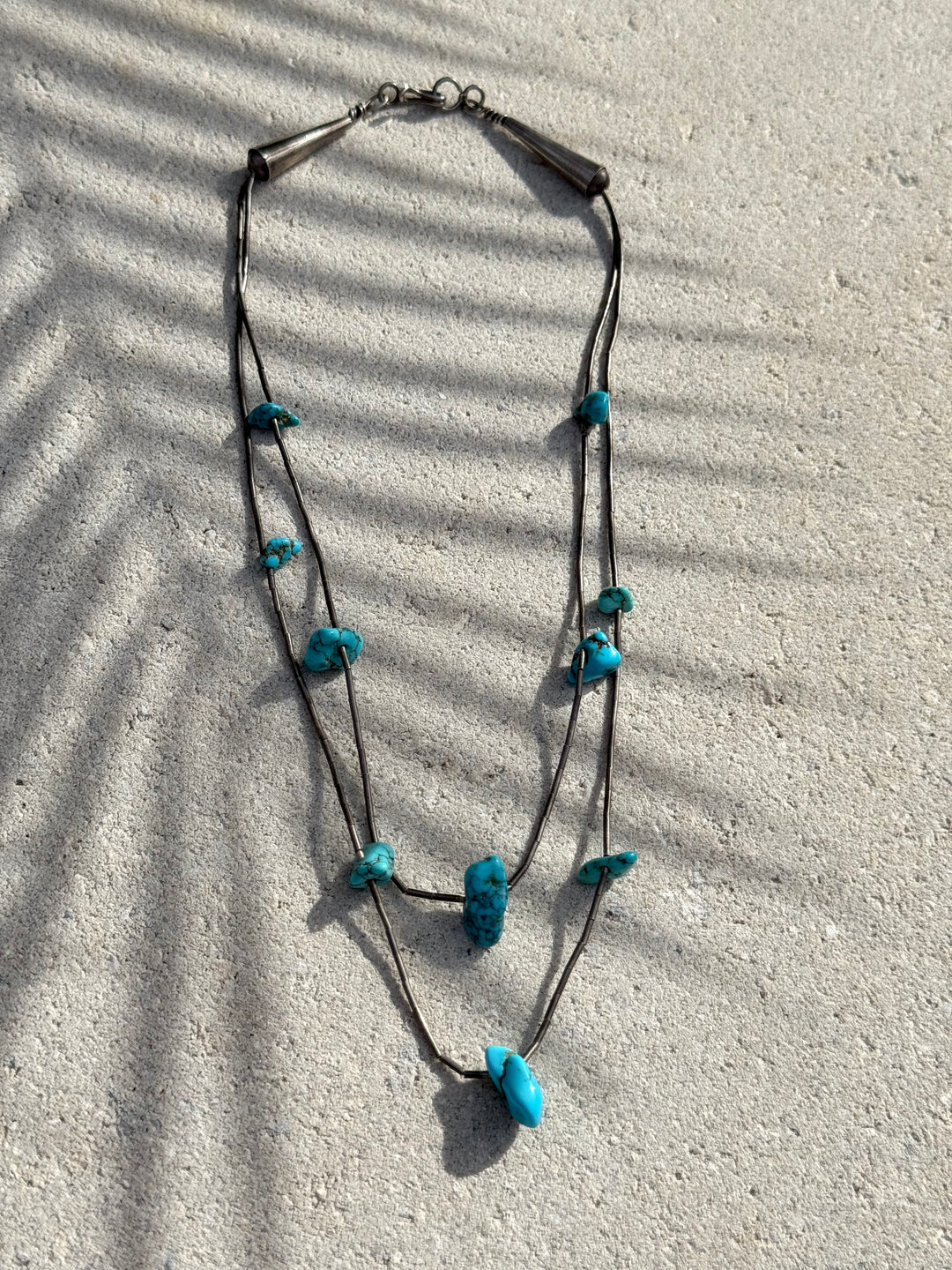 Vintage Liquid Silver Double Strand Turquosie Nugget Neclace
