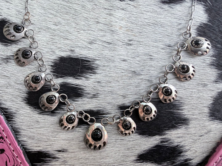 Navajo Black Onyx Bear Paw Necklace & Earrings Set | Sterling Silver