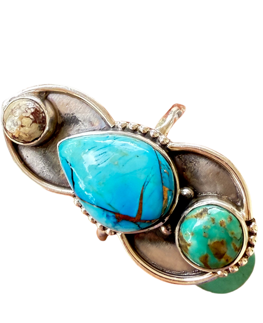 Desert Trinity - Sterling Silver Turquoise and Wild Horse Southwestern Ring - Size 7.25