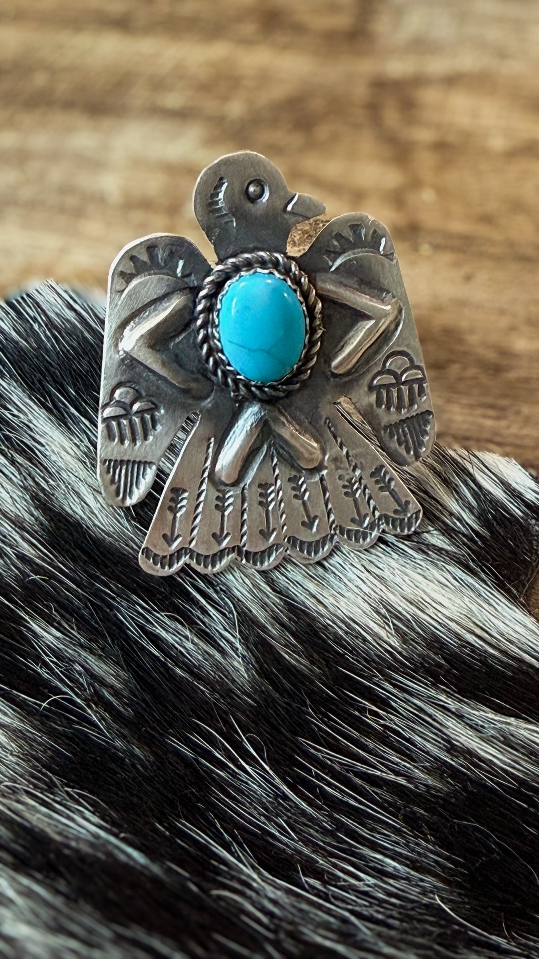 Tim Yazzie Navajo Kingman Turquoise Thunderbird Ring | Sterling Silver