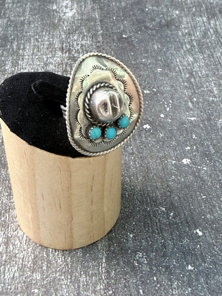 Running Bear Navajo Cowboy Hat Ring | Kingman Turquoise Sterling Silver Size 5.5