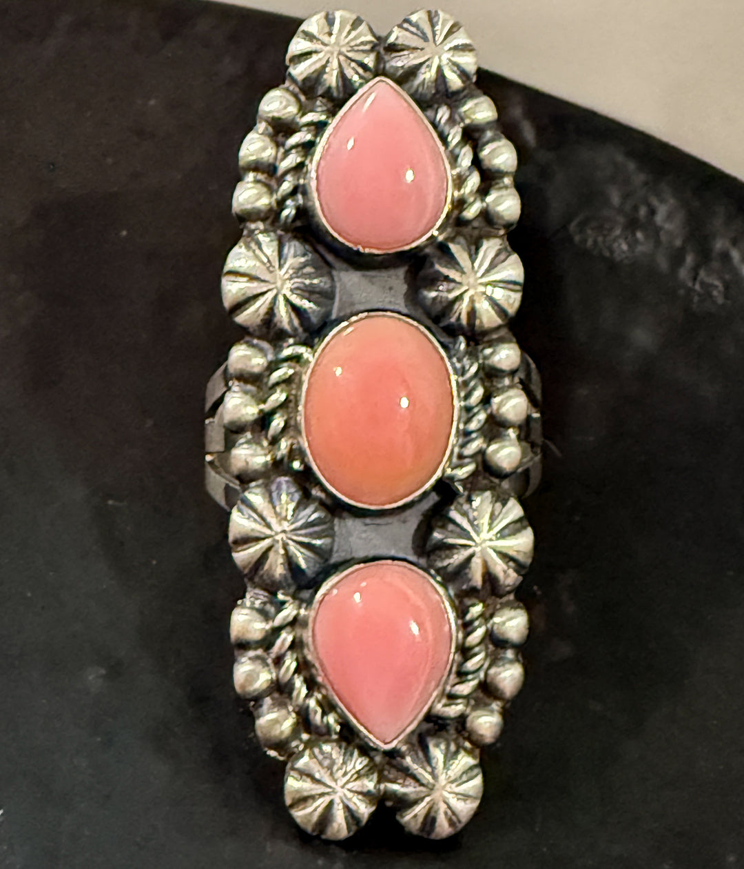 Navajo pink conch cluster ring handmade by Jeff James Jr sterling silver size 8