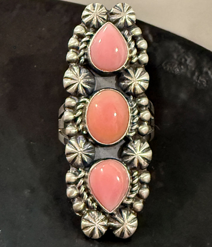 Navajo pink conch cluster ring handmade by Jeff James Jr sterling silver size 8