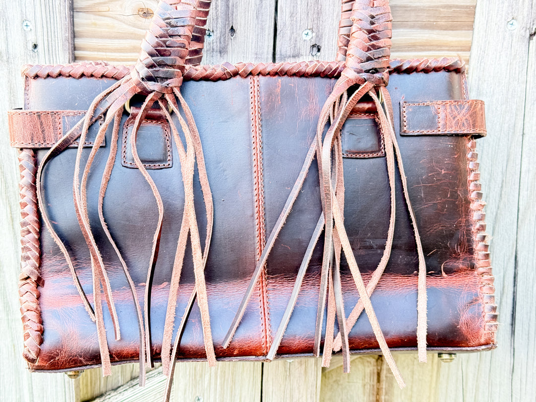 The Everglades Outrider | Distressed Brown Leather Western Purse with Braided Straps and Hair on Cowhide