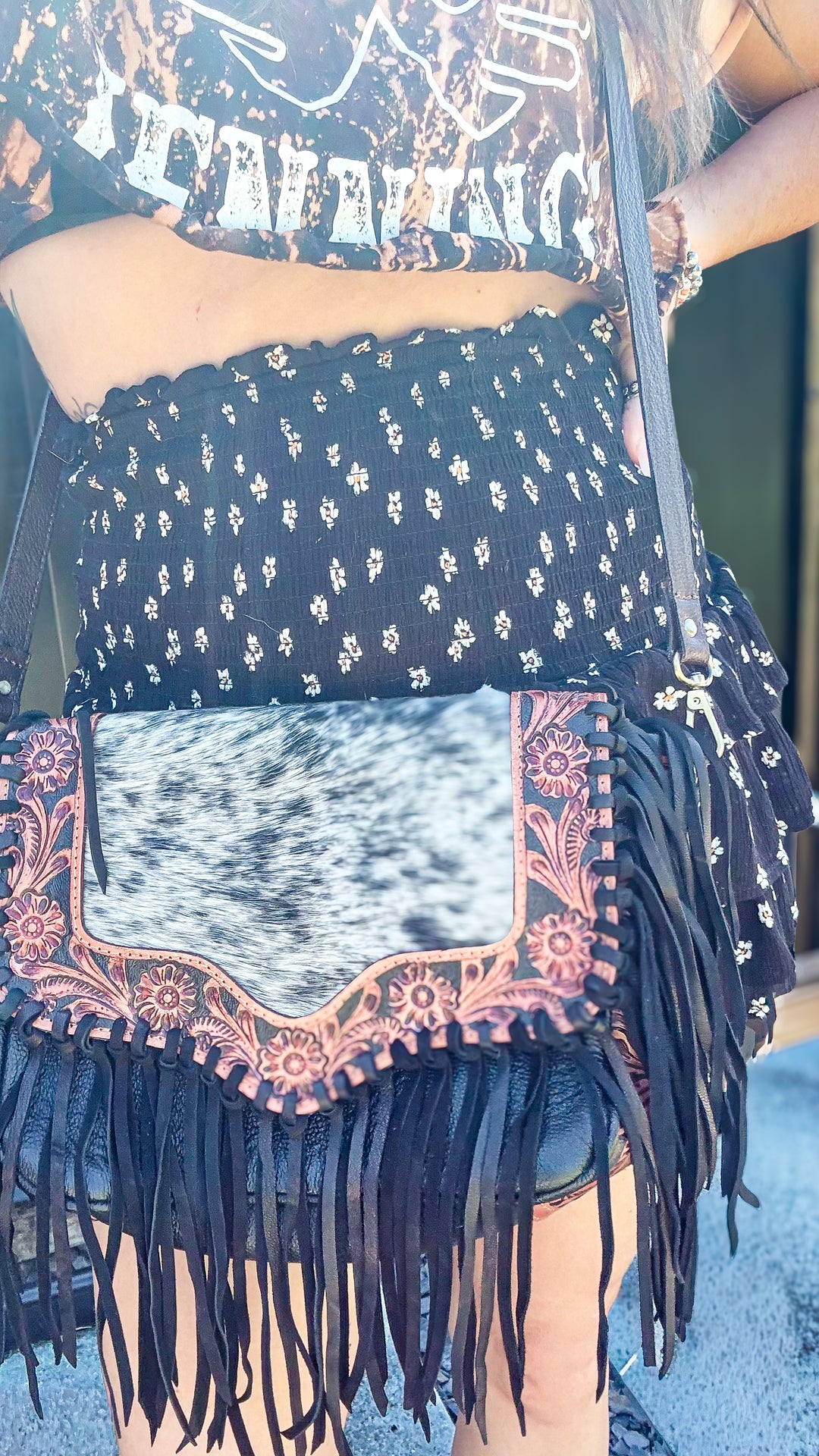 The Midnight Drifter | Cowhide & Tooled Leather Fringe Crossbody Bag