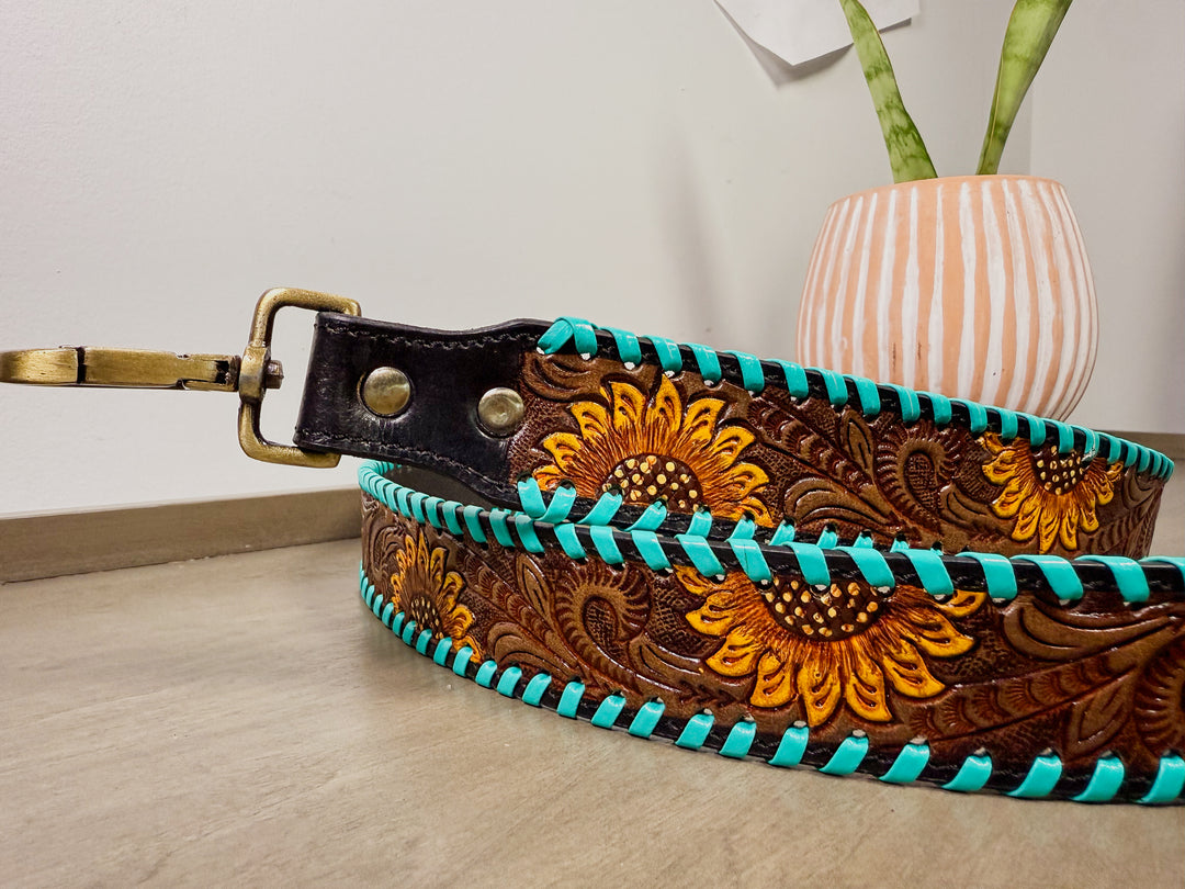 Wild Sunflower Western Tooled Leather Crossbody Strap