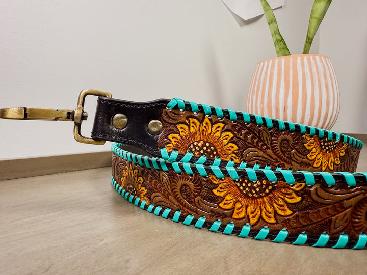 Wild Sunflower Western Tooled Leather Crossbody Strap