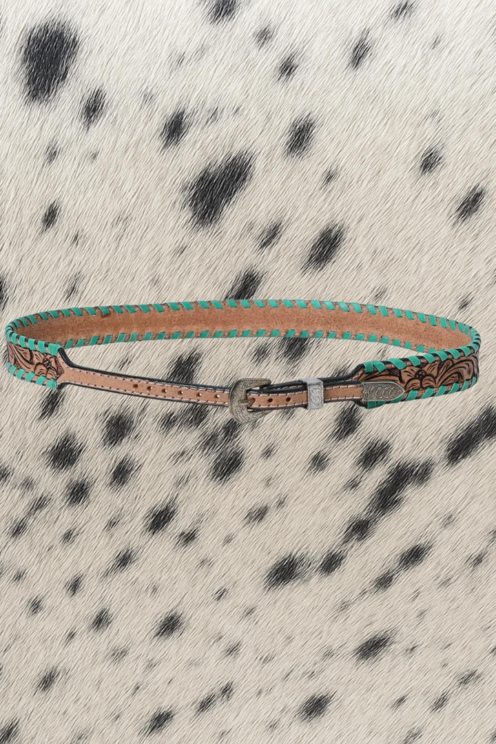 Tooled Leather Cowboy Hat Band with Turquoise Whipstitch | Adjustable Western Hat Band