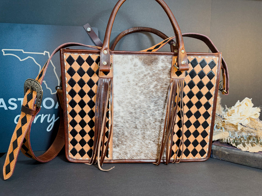 Cowhide and brown checkered full-grain leather tote from the Checkmate Collection.
