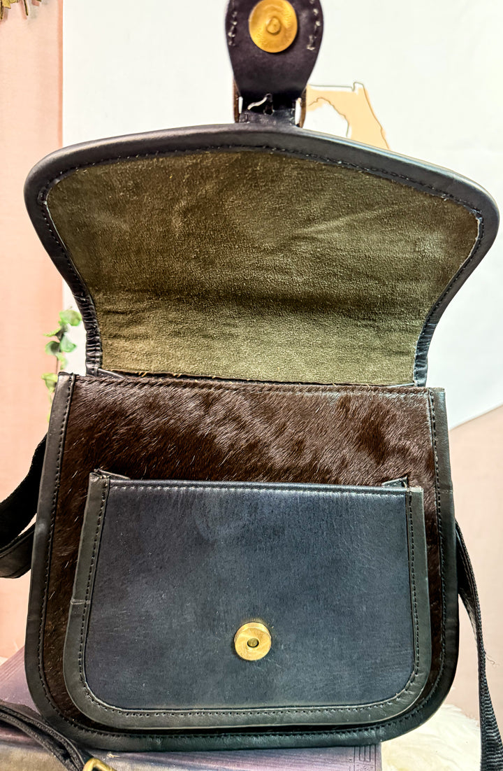 Midnight Rider | Sleek Black Leather & Black/White Cowhide Crossbody