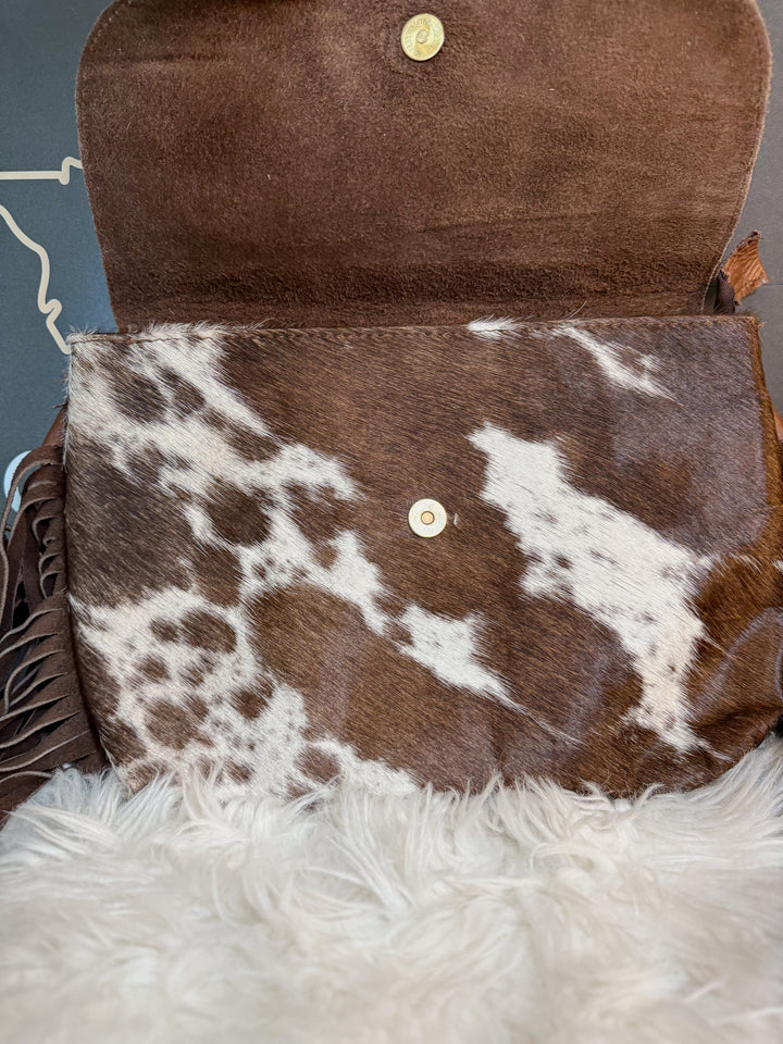 Grit & Grace | Hand Tooled Leather Cowhide and Brown Fringe Crossbody