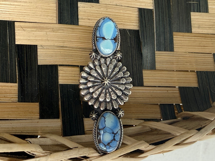 Navajo Handmade Golden Hills Sterling Silver Long Statement Concho Style Ring by Samual Yellowhair | Size 8 | Artist Signed