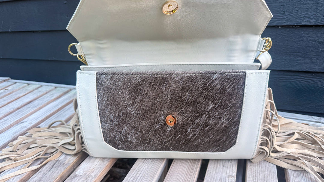 The Westbury | Charcoal Cowhide & Oatmeal Leather Fringe Bag