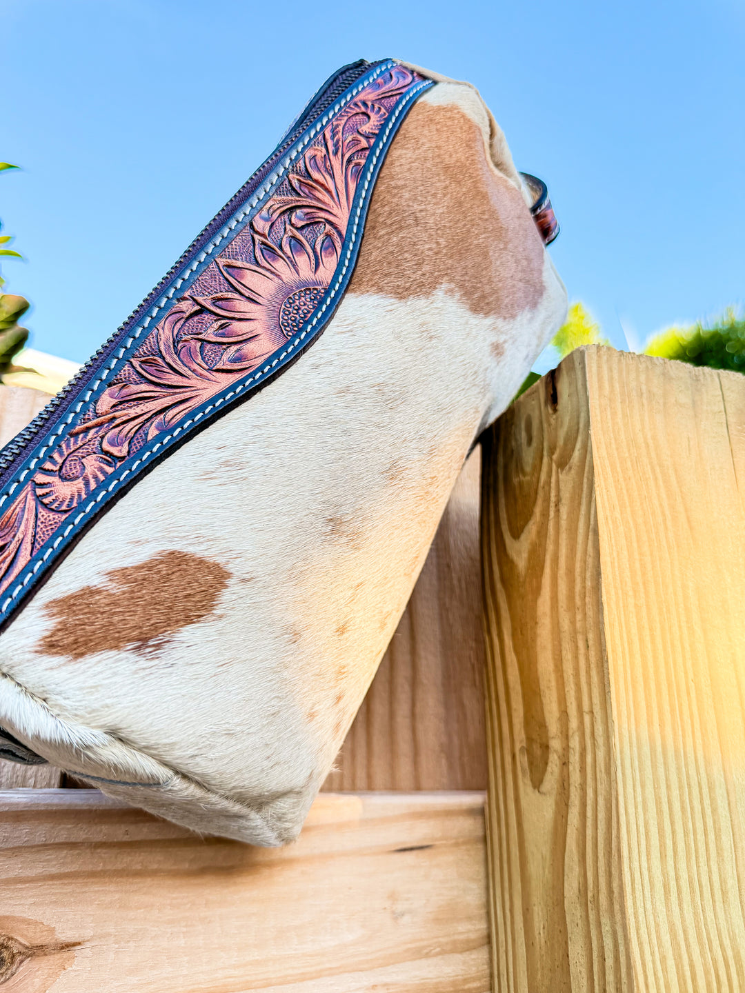 Tan Cowhide Tooled Leather Cosmetic Bag | Western Travel Toiletry Case