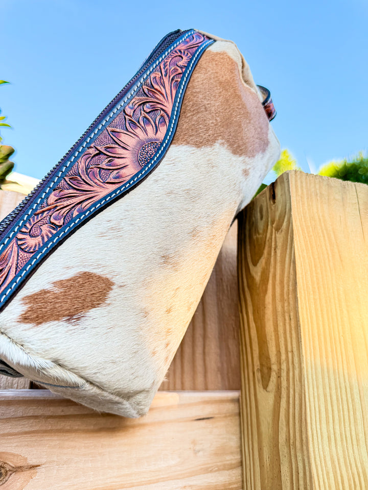 Tan Cowhide Tooled Leather Cosmetic Bag | Western Travel Toiletry Case