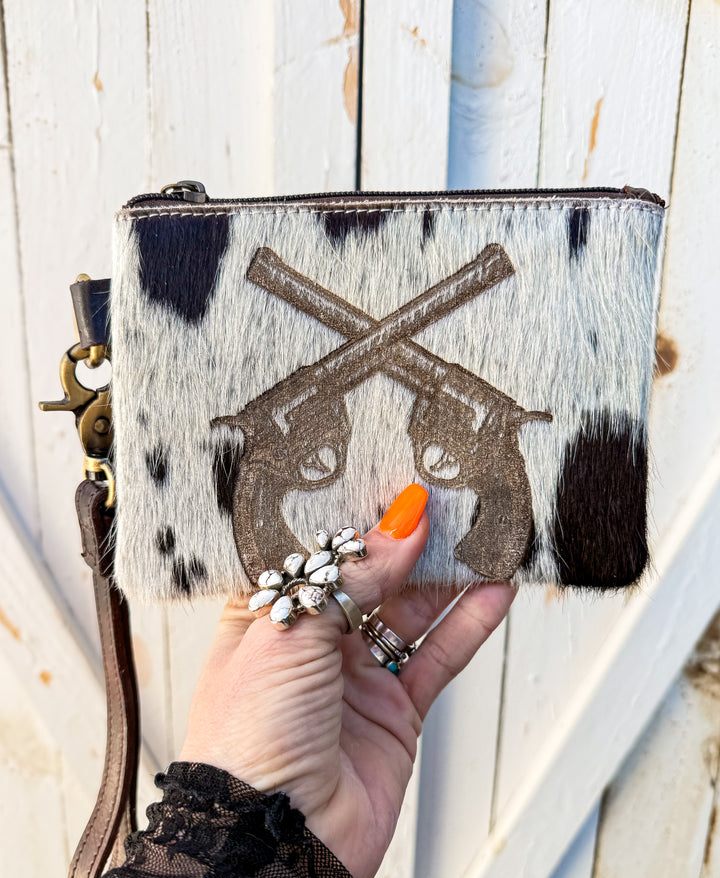 Cowboy Crossed Pistols | Full Grain Leather and Cowhide Zipper Essentials Pouch