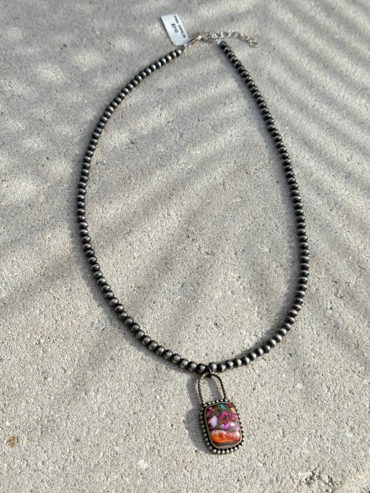 Desert Pearl Locket | Sterling Silver 4mm Desert Pearls with Sterling Spiny, Dahlia & Turquoise Locket Pendant 18”