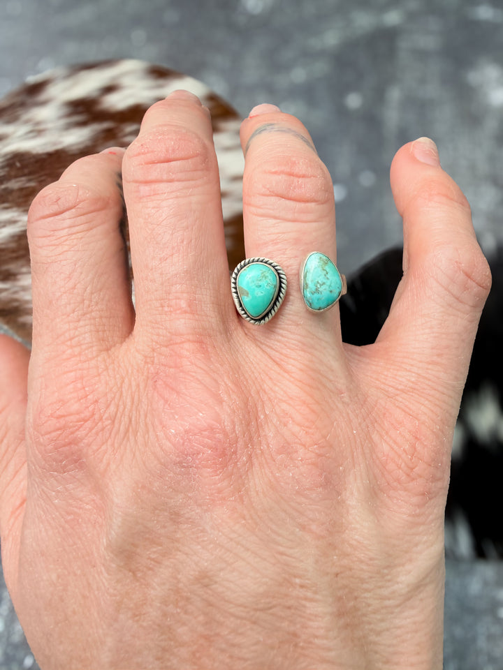 Two Stone Turquoise Floater Ring | Sterling Silver Adjustable Size 8–10 | Handmade