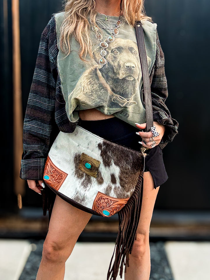 The Concho Carryall | Hair-On Cowhide & Tooled Leather Crossbody Purse
