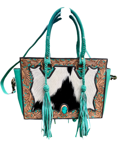 ‘Tiffany’ Concealed Carry Get to Work bag : Mint Green Turquoise Leather with Black and White Hair-on-Cowhide