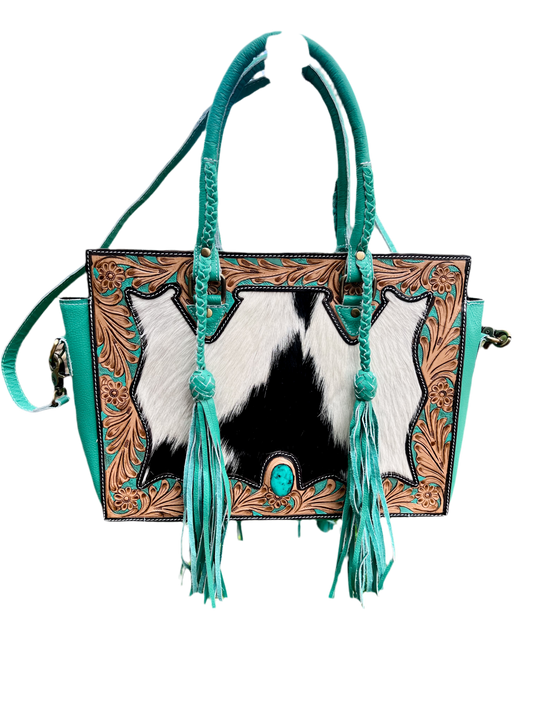 ‘Tiffany’ Concealed Carry Get to Work bag : Mint Green Turquoise Leather with Black and White Hair-on-Cowhide