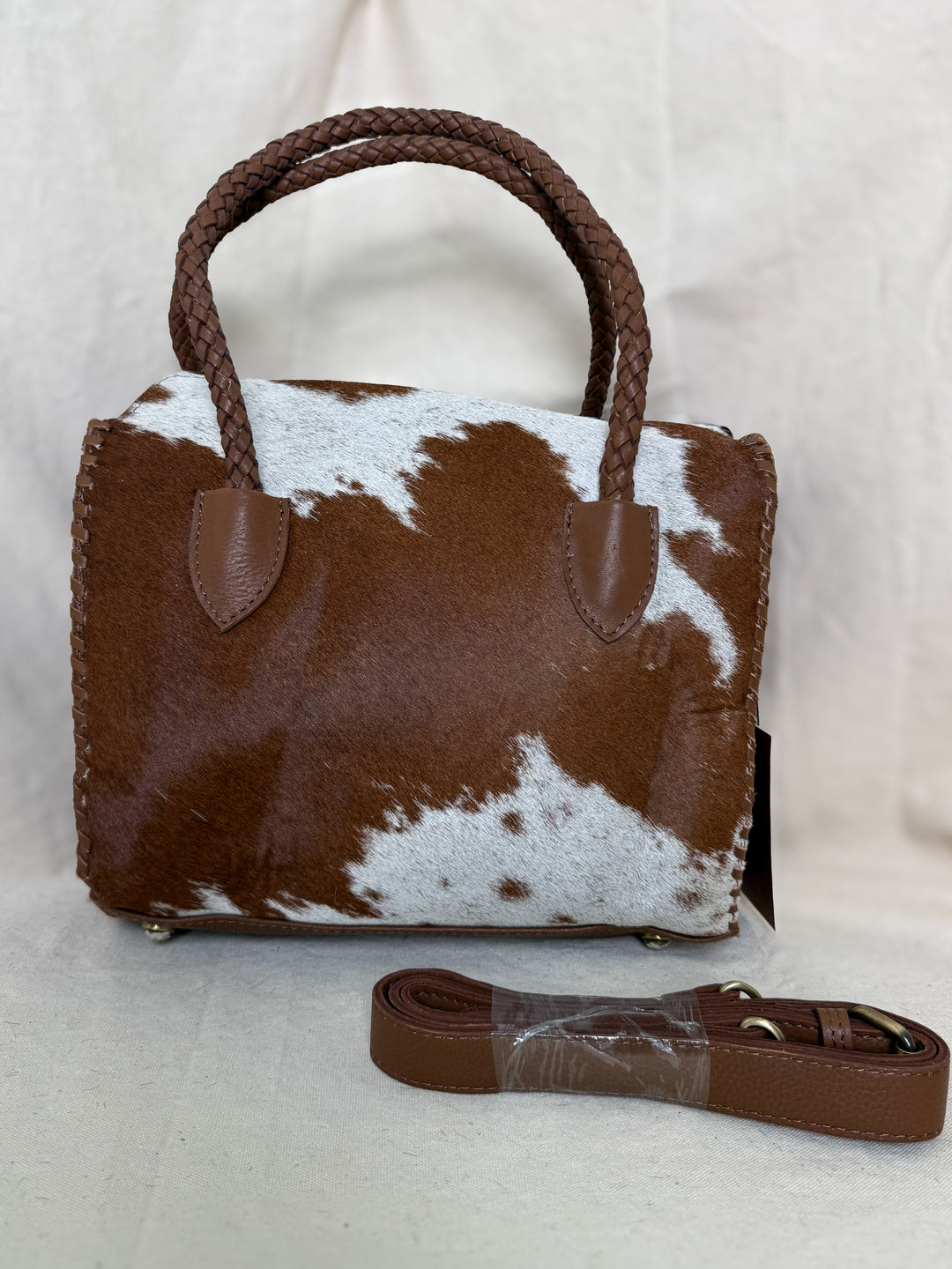 Soft & Strong™ Cowhide Satchel | Caramel & White Genuine Hair-On Hide Leather Handbag