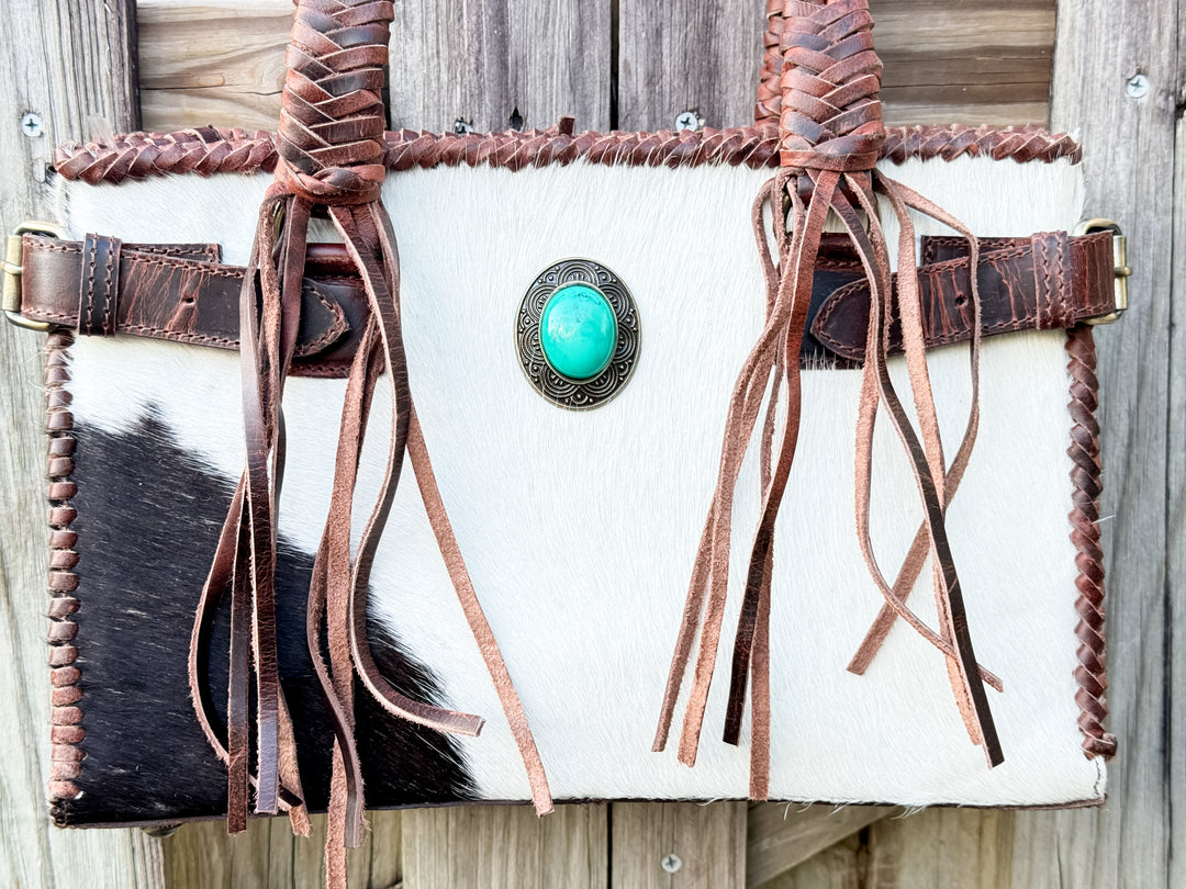 The Everglades Outrider | Distressed Brown Leather Western Purse with Braided Straps and Hair on Cowhide