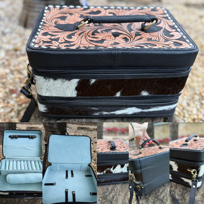 The Double Decker: Large Cowhide and Tooled Leather Jewelry Case