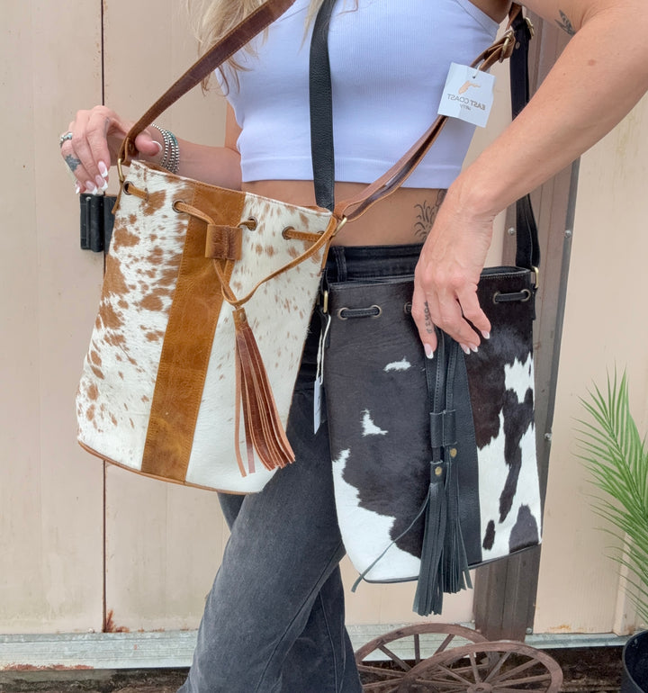 The Bucket | Cowhide and Leather Bucket Drawstring Crossbody Purse : Tan or Black