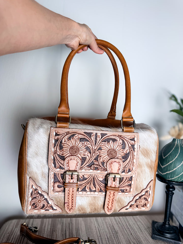 Cowhide Leather Doctor Bag | Tooled Leather Large Handbag with Crossbody Strap