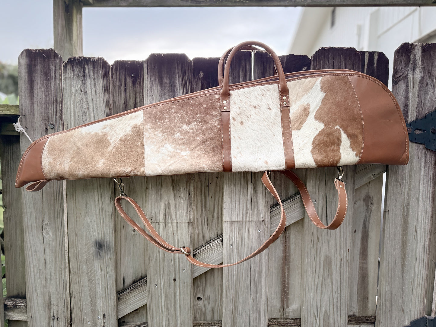 Custom Hair on Cowhide and Caramel Brown Leather Padded Protective Western Rifle Case with Strap and Handles