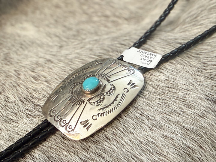 Navajo Sterling Silver Concho Bolo Tie – Kingman Turquoise – Signed Joan Begay