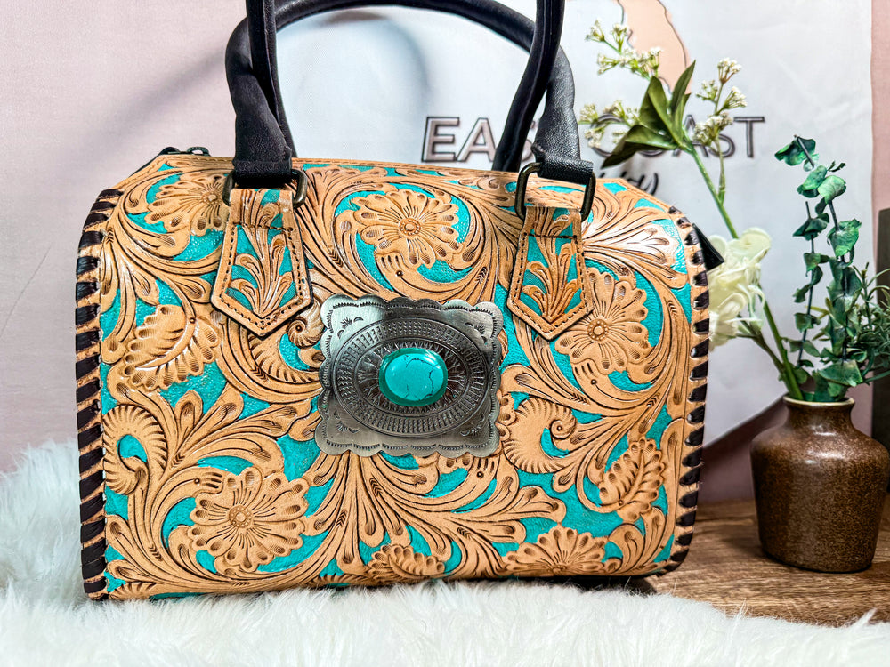 Western tooled leather speedy satchel purse with turquoise accents and structured silhouette