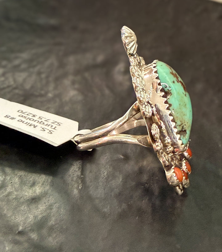 Darren Begay Navajo Handmade Mine 8 Turquoise and Coral Sterling Silver Ring - Size 7.5