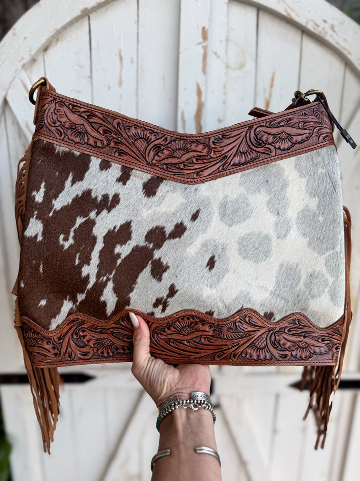 Fringe Cowhide Leather Crossbody – Hand Tooled Western Shoulder Bag – Hair-On Hide Purse