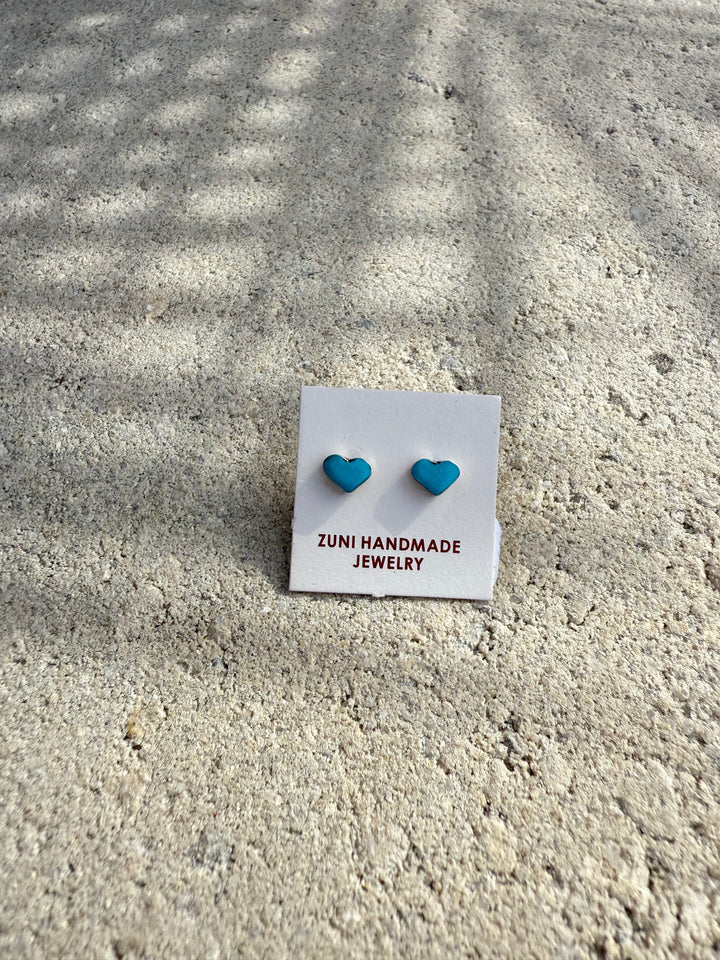 Mary Ann Neha Zuni Handmade Sterling Silver and Kingman Turquoise Heart Stud Earrings