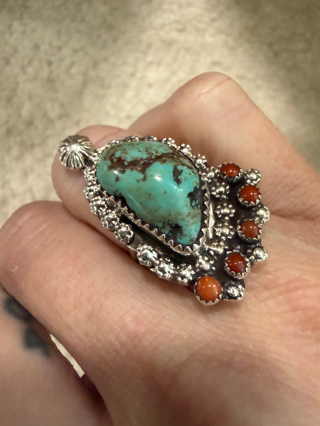 Darren Begay Navajo Handmade Mine 8 Turquoise and Coral Sterling Silver Ring - Size 7.5