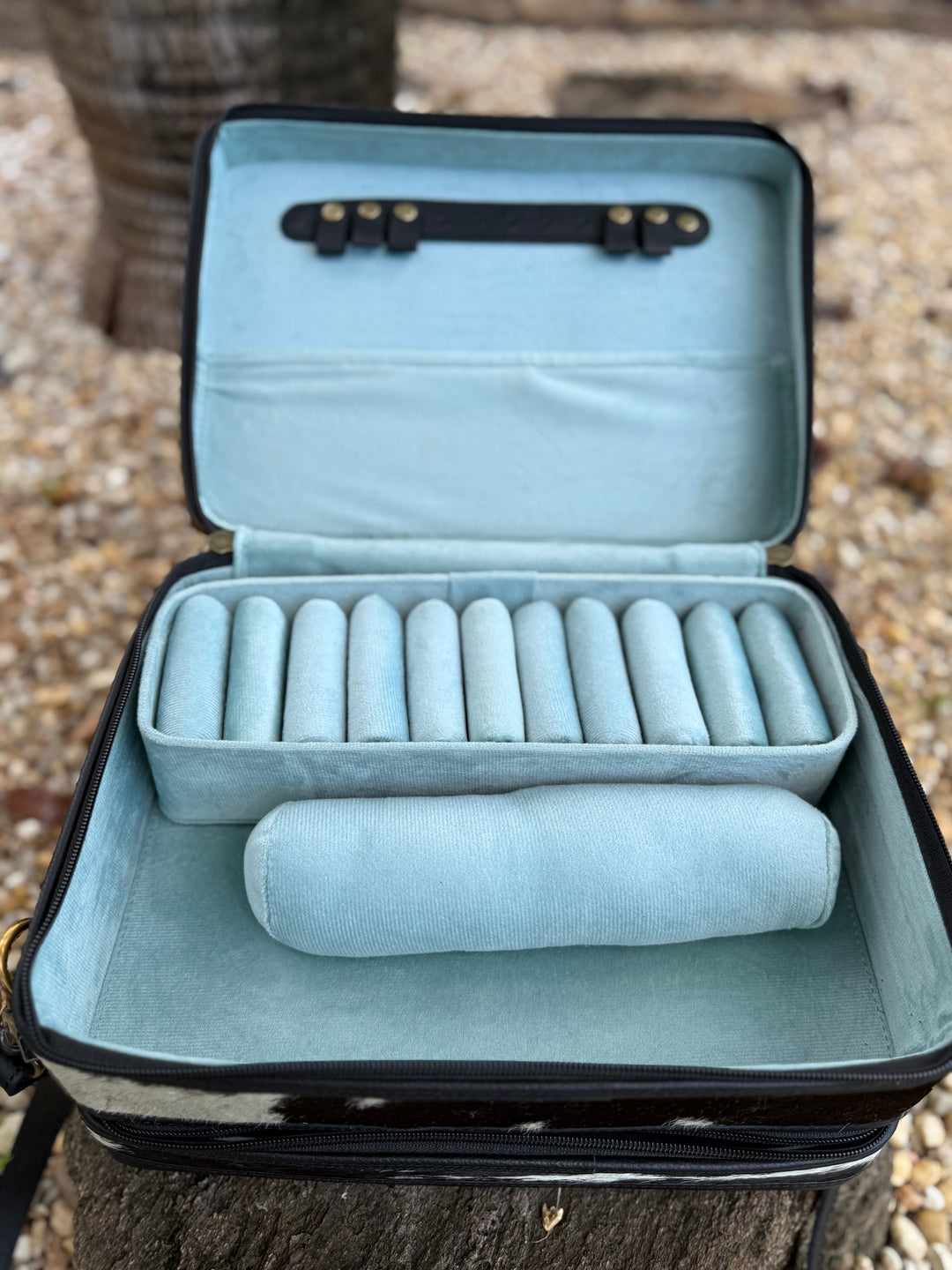 The Double Decker in Black | Large Black and White Cowhide and Tooled Leather Jewelry Case