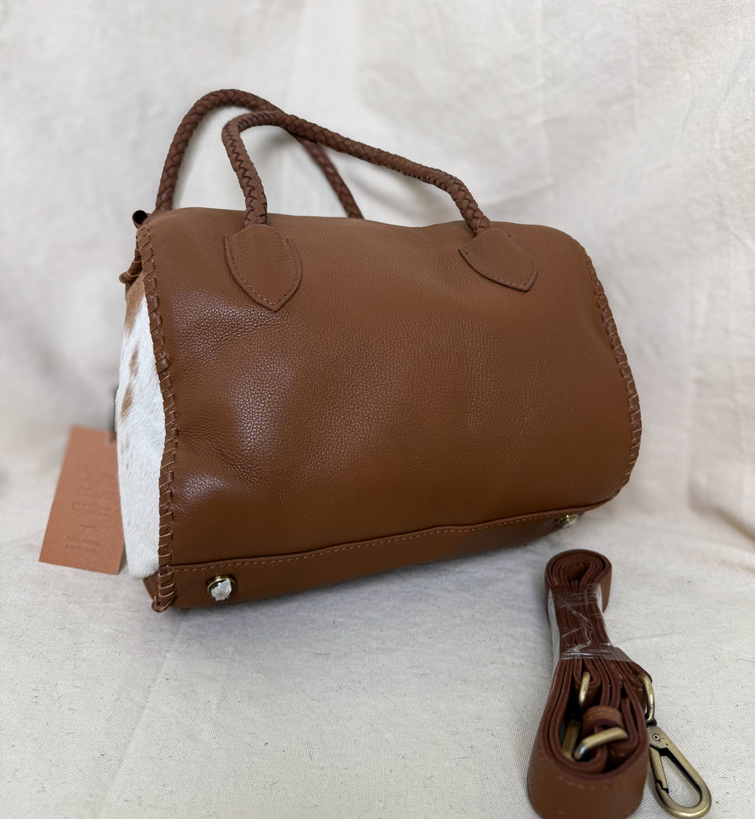 Soft & Strong™ Cowhide Satchel | Caramel & White Genuine Hair-On Hide Leather Handbag